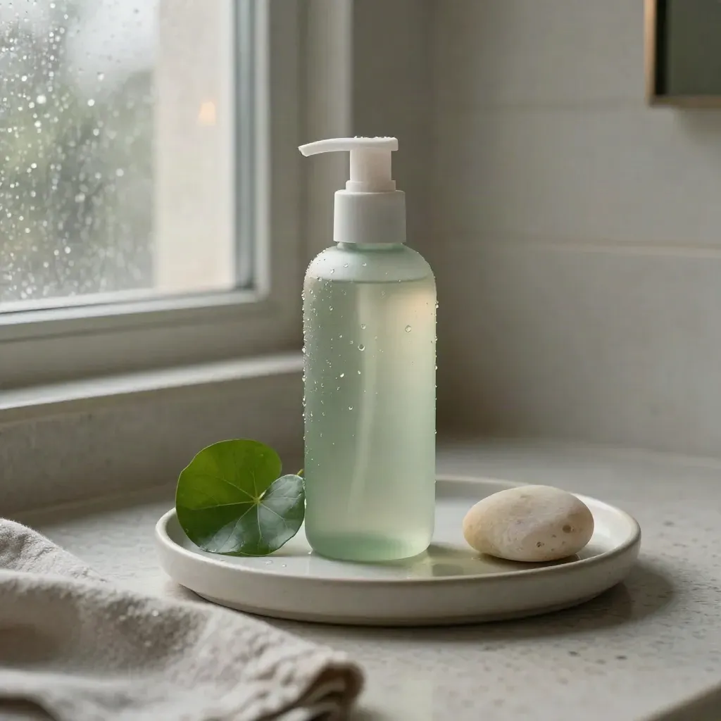 Tónico de centella verde con condensación, hoja fresca y piedra lisa en baño sereno.