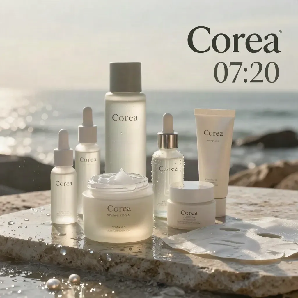 Rutina coreana de limpieza y sérums sobre piedra húmeda con luz matinal costera.