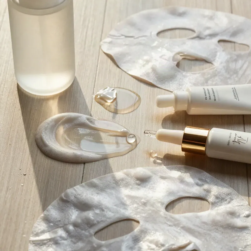 Rutina coreana de skincare en macro cenital con limpiador, tónico, sérum, crema, SPF y mascarilla.