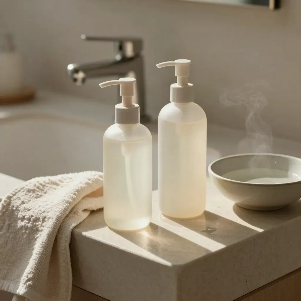 Dos frascos de limpieza facial junto al lavabo, con toalla de lino y cuenco de agua, luz cálida.