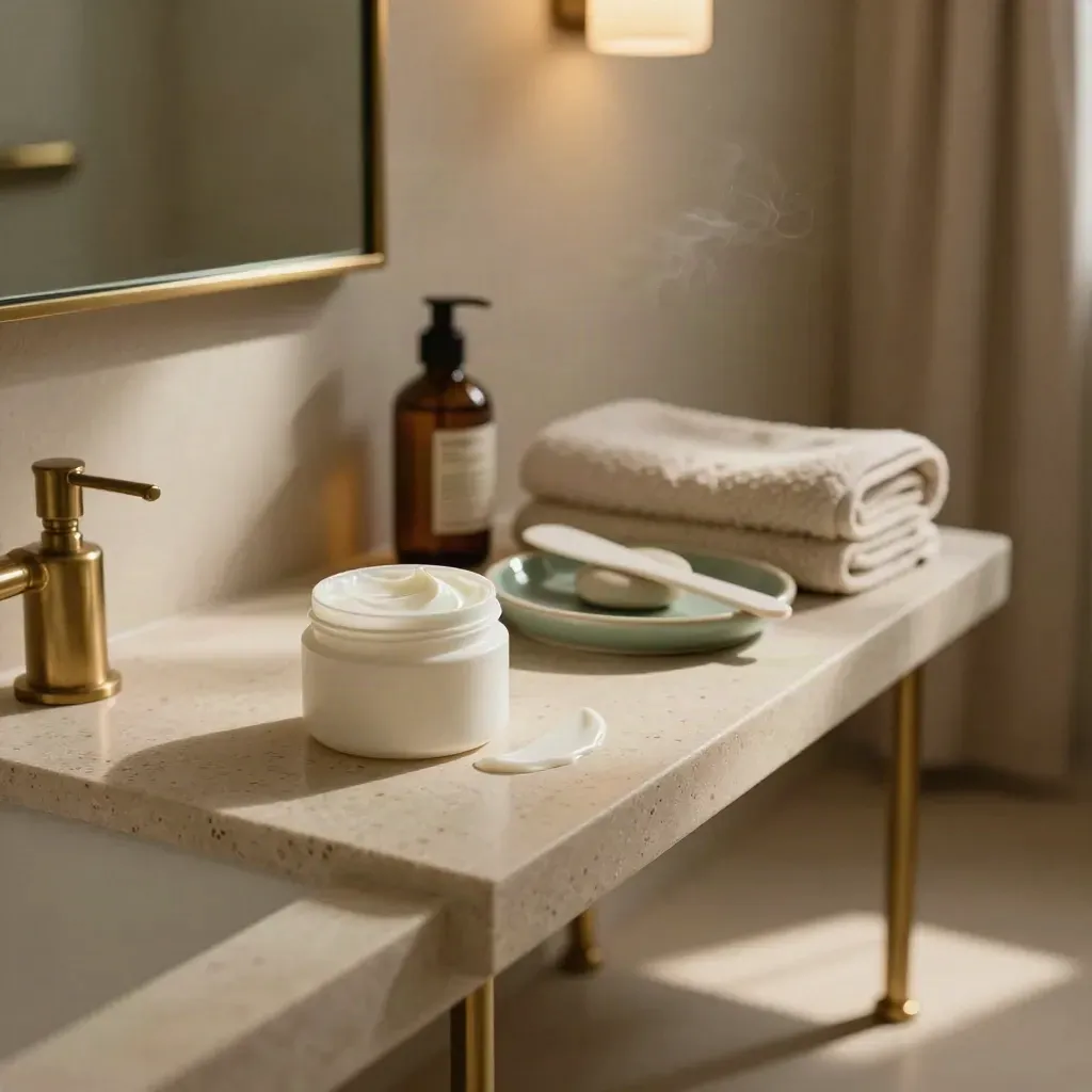 Crema con ceramidas abierta con espátula, toalla y piedra crema en un baño cálido.