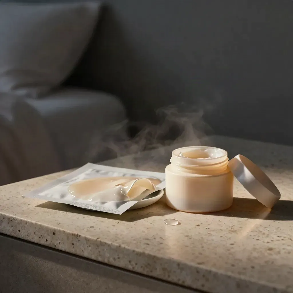 Mascarilla nocturna abierta junto a crema y plato de cerámica en una mesita de noche.