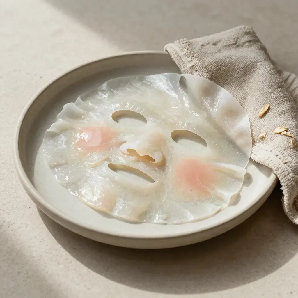 Mascarilla de colágeno húmeda sobre plato de cerámica con toalla de lino