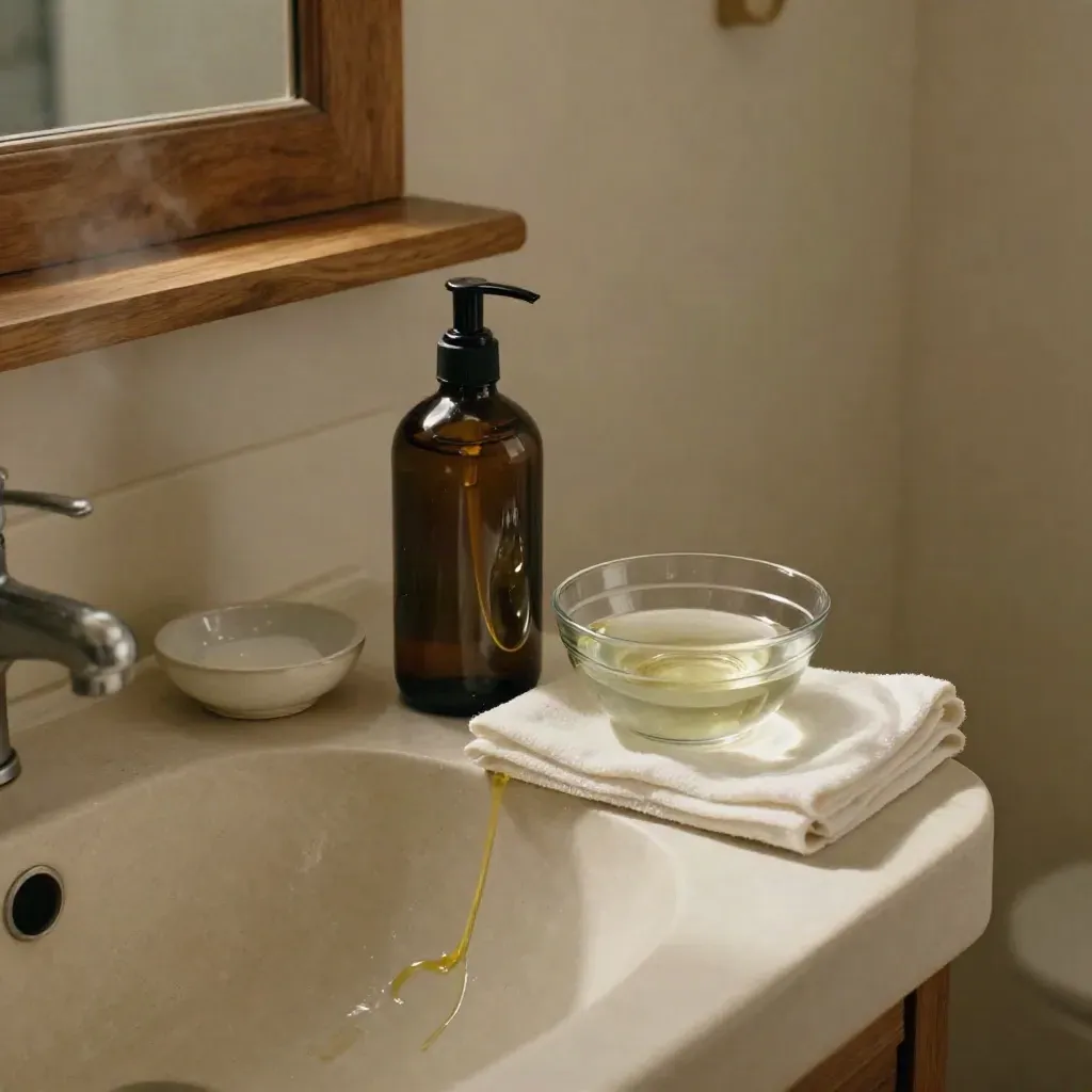 Aceite limpiador en botella oscura junto a agua, paño blanco y jabonera cerámica en lavabo.