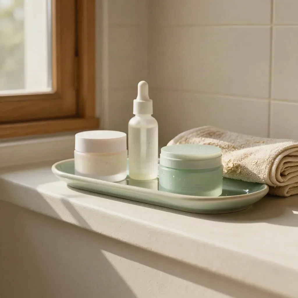 Crema de ceramidas y pantenol sobre repisa de yeso claro en luz cálida natural.
