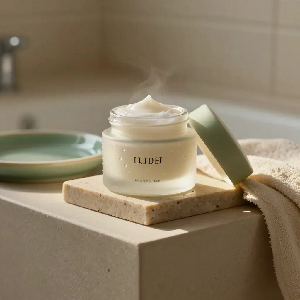Tarro de crema gel con condensación sobre piedra fría en un baño spa, luz cálida de tarde.