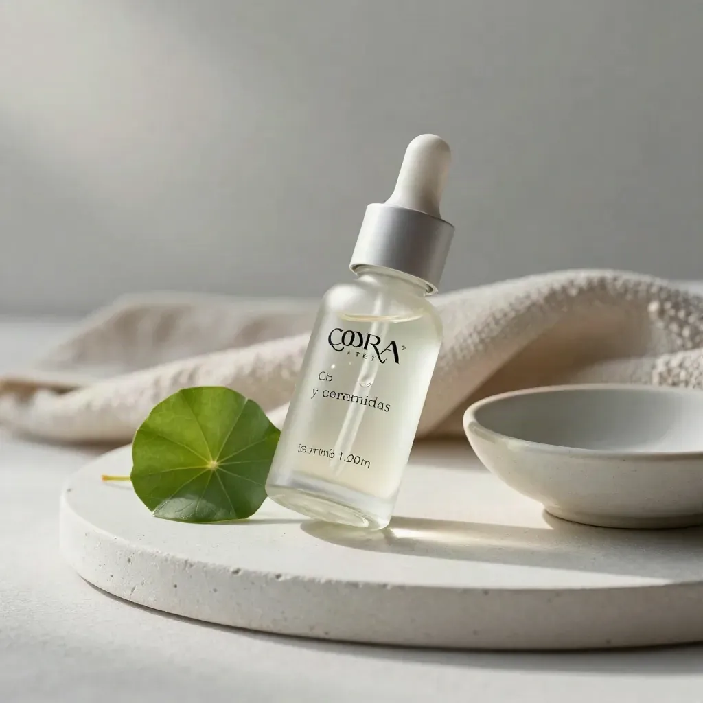 Frasco de sérum de centella y ceramidas con hoja fresca, gota y paño suave.